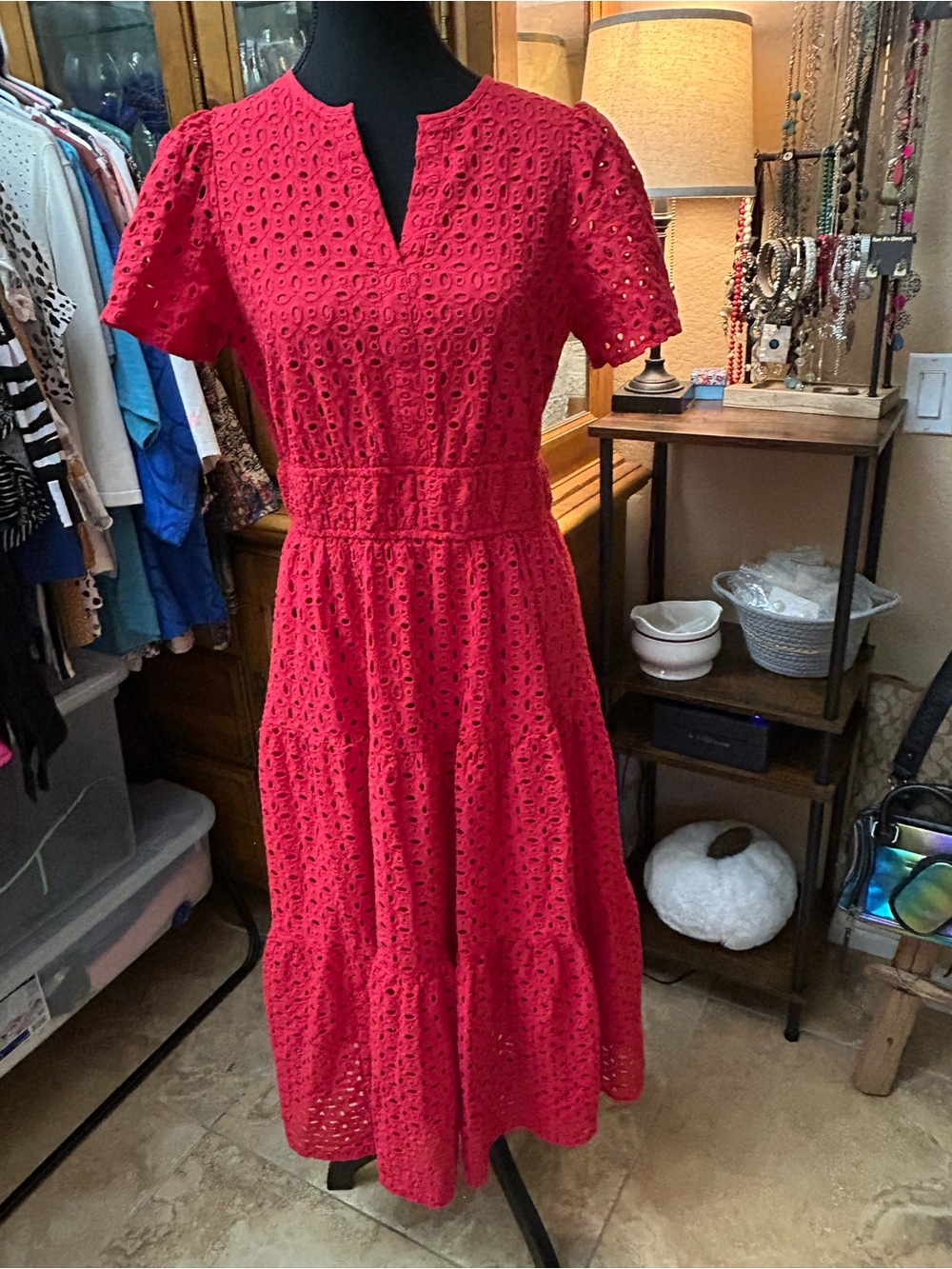 Red Eyelet Midi Dress with Notch Neck